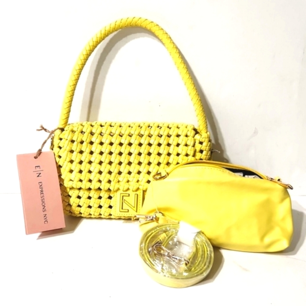 NEW! Expressions NYC Yellow Pleather Woven Crossbody Shoulder Bag Purse